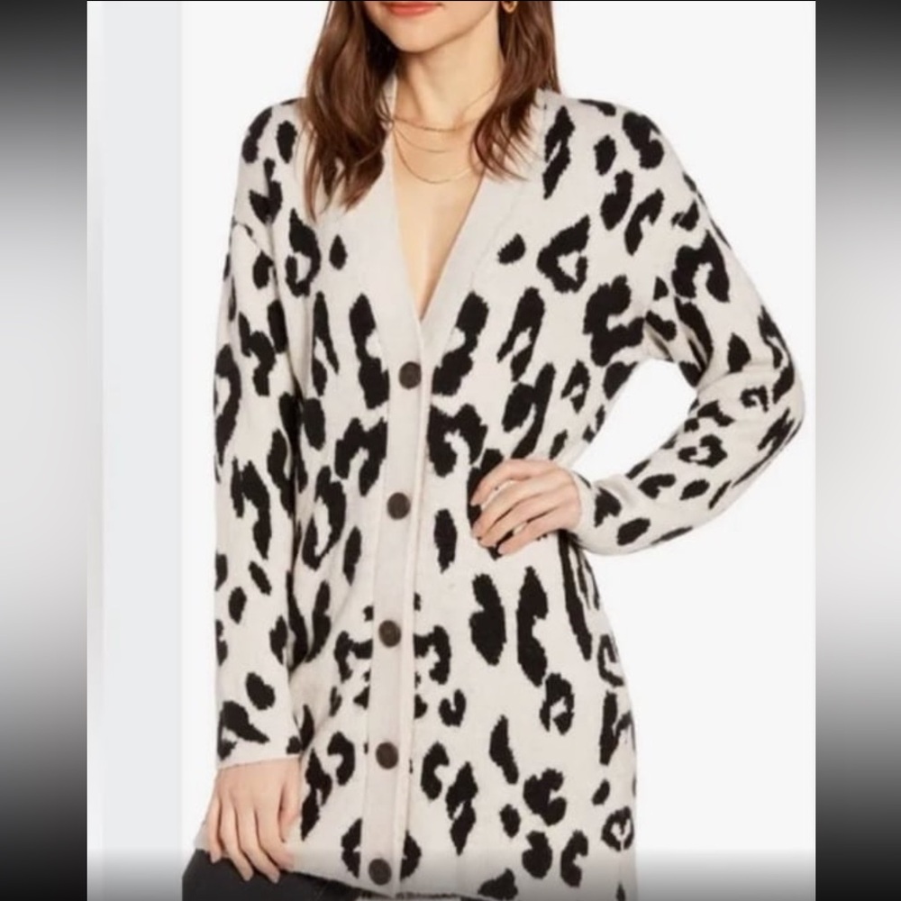 Something Navy Women's Long Line Leopard Print Button Front Cardigan